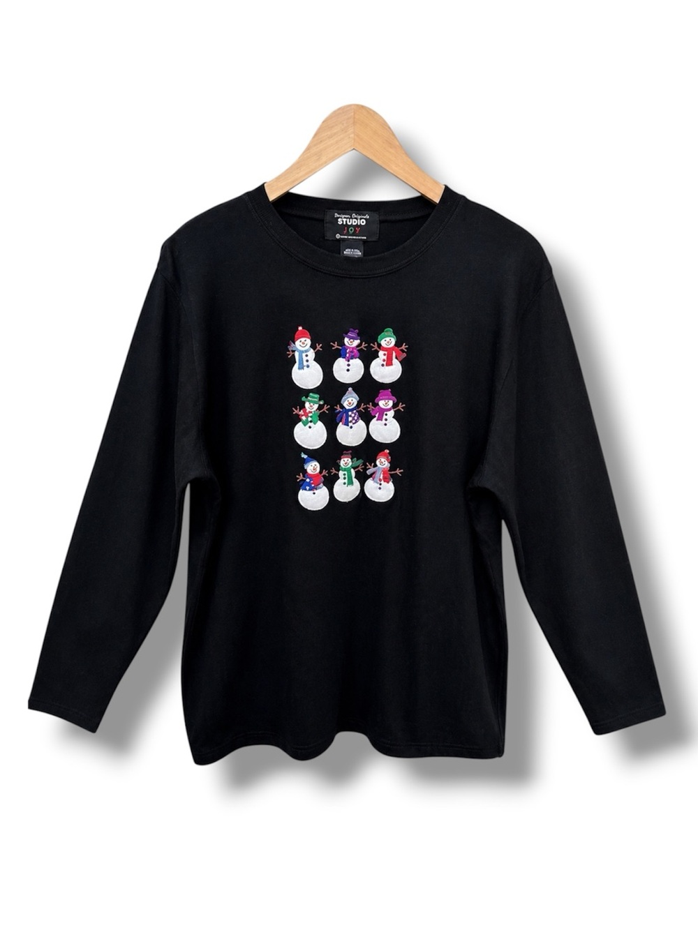 Designers Originals Studio Joy Womens XL Black Holiday Snowman Shirt Long Sleeve